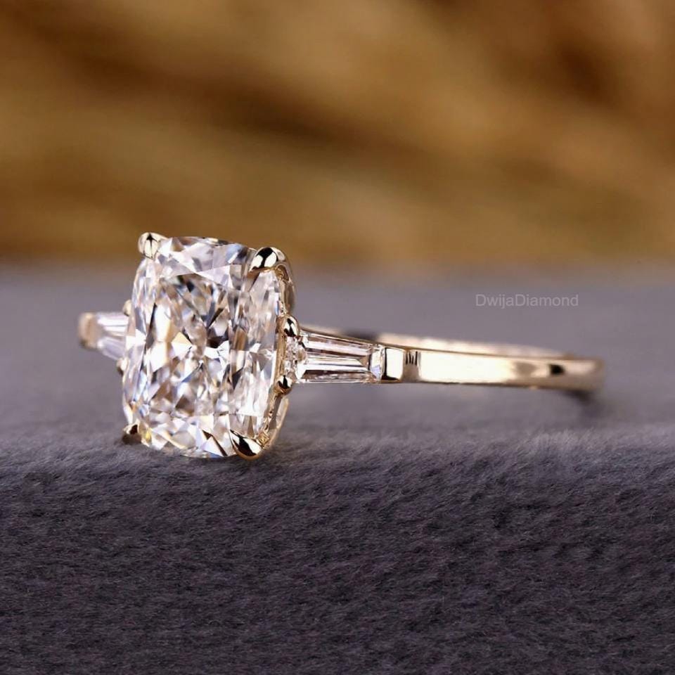 Cushion Lab Grown Diamond Engagement Ring: 14k Gold Three Stone Ring