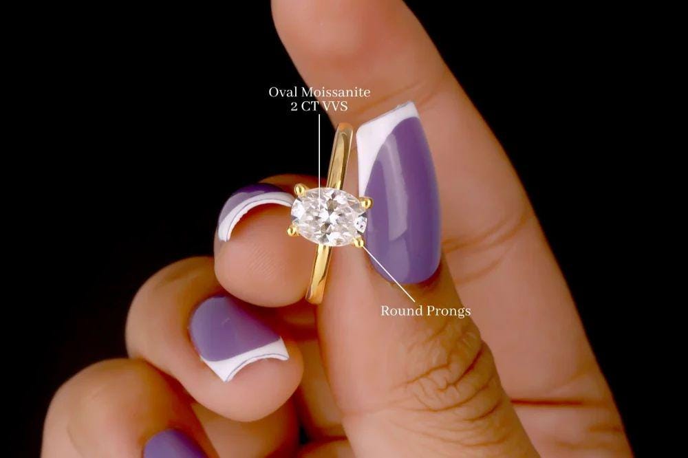 2 Ct Oval Moissanite Engagement Ring: Solid Gold, Handmade