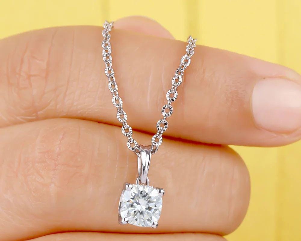 Cushion Moissanite Pendant Necklace: 1.00 CT Solid Gold, Silver Jewelry