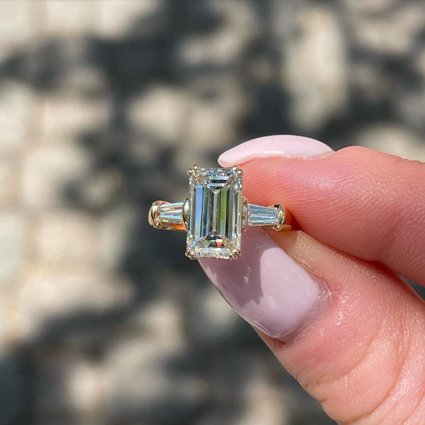 Emerald Cut Moissanite Engagement Ring: Three Stone Solid Gold Anniversary Ring