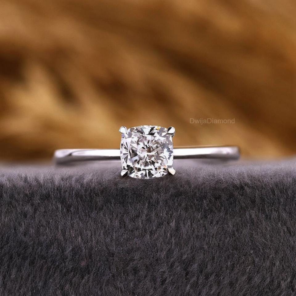 Cushion Cut Lab Grown Diamond Engagement Ring: 14k Gold Solitaire