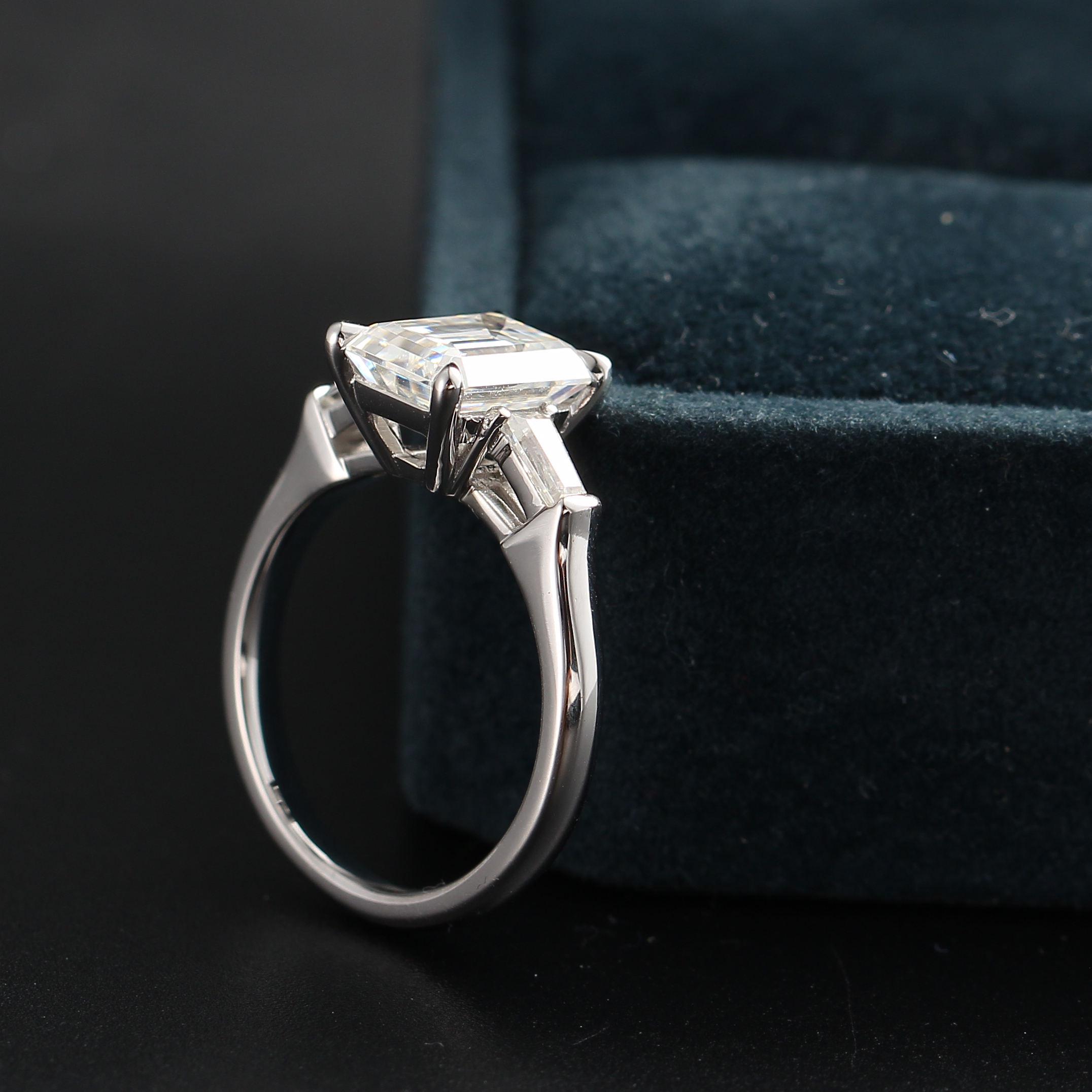 3 Carat Emerald Moissanite Engagement Ring: Tapered Baguette, Three Stone, Handmade