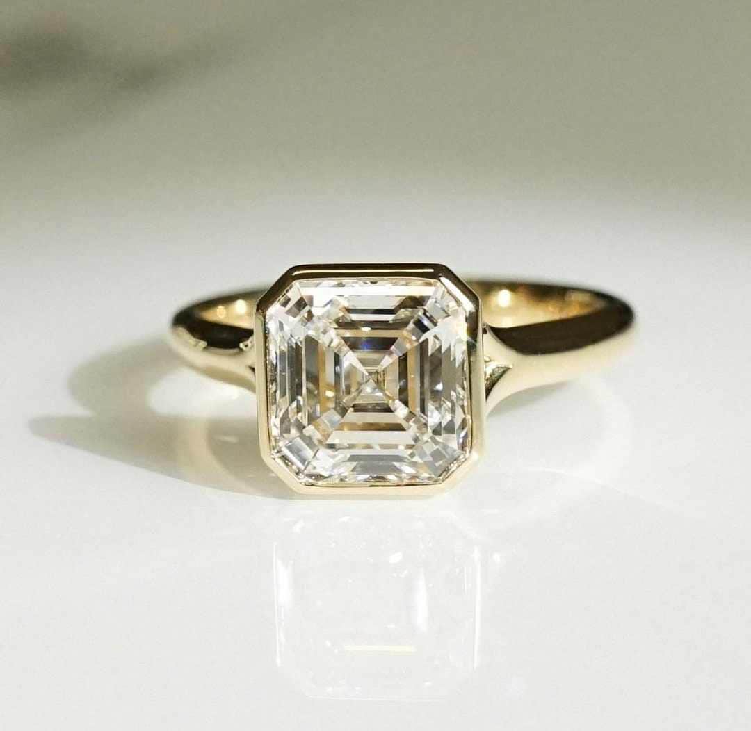 Handmade Asscher Cut Lab Diamond Engagement Ring: Bezel Set Split Shank