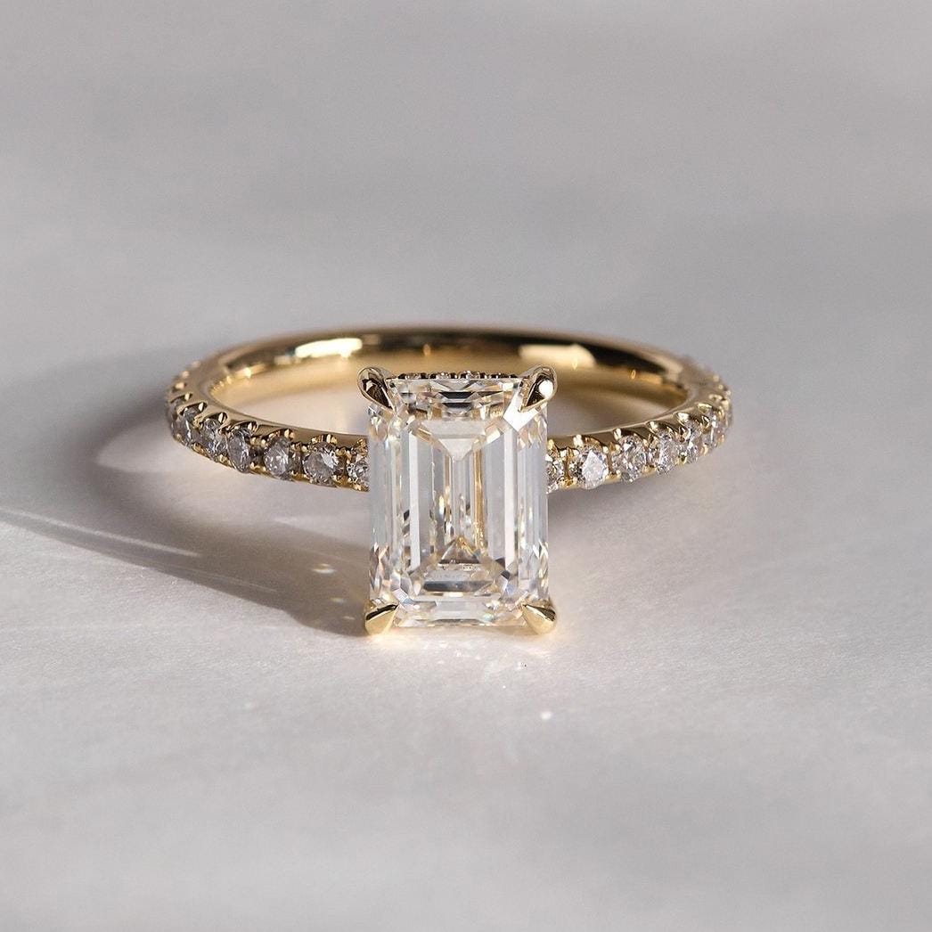 Lab Grown Emerald Cut Diamond Engagement Ring: Pave Hidden Halo