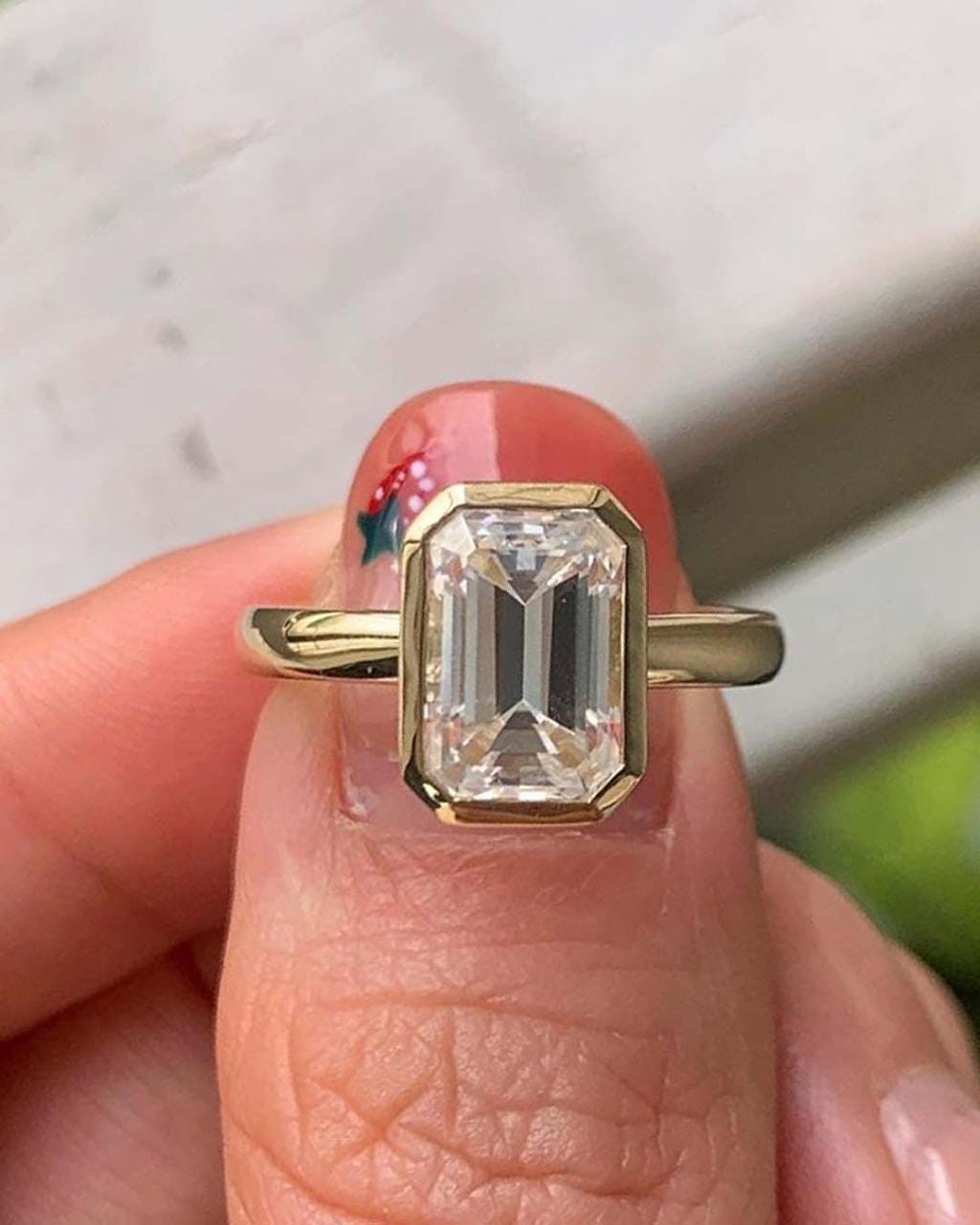 Emerald Cut Lab Grown Diamond Engagement Ring: 14k Yellow Gold Bezel Solitaire