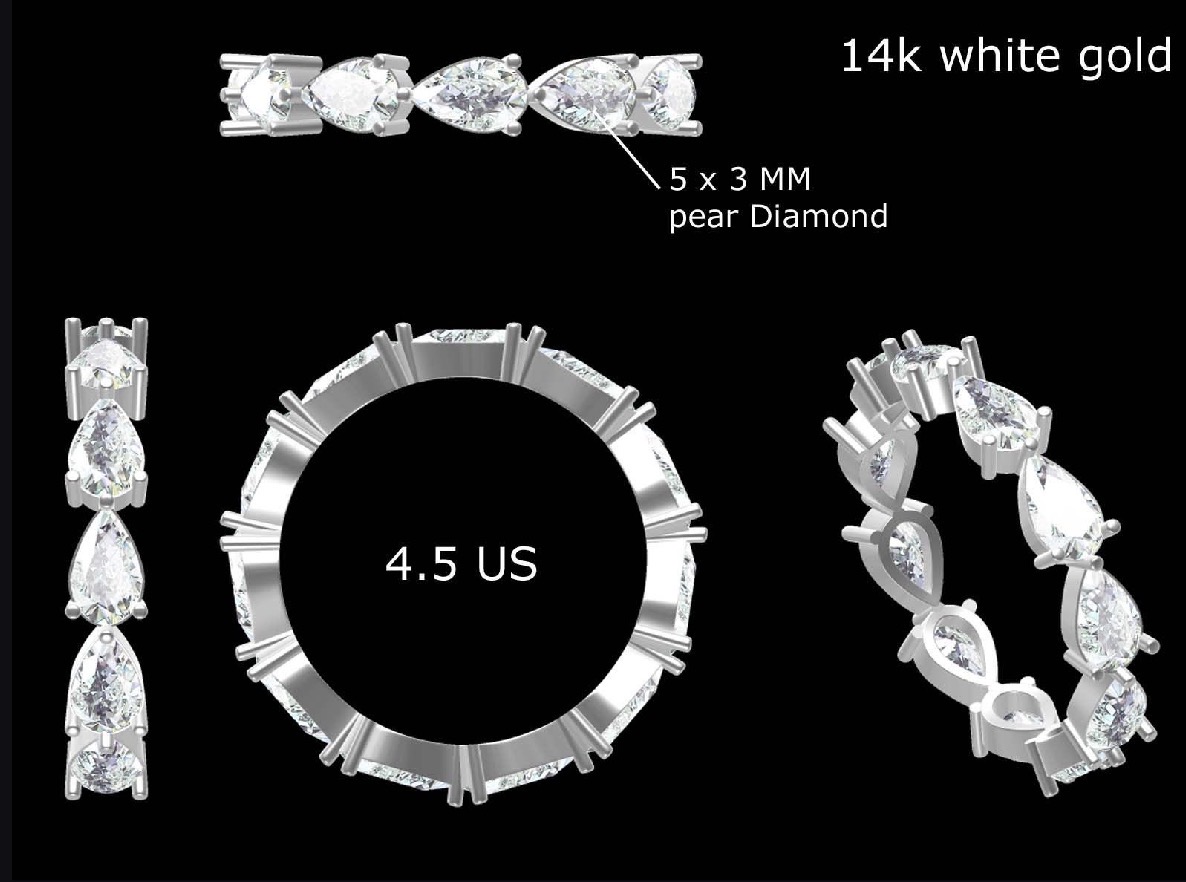 7 Carat Step Cut Pear Lab Diamond, Platinum Engagement Ring and 14K White Gold Eternity Band For Jasmine
