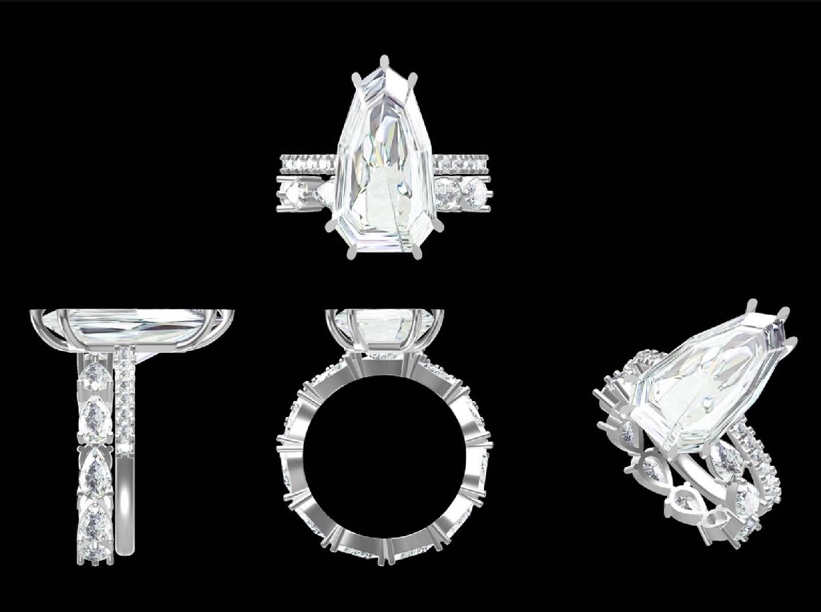 7 Carat Step Cut Pear Lab Diamond, Platinum Engagement Ring and 14K White Gold Eternity Band For Jasmine
